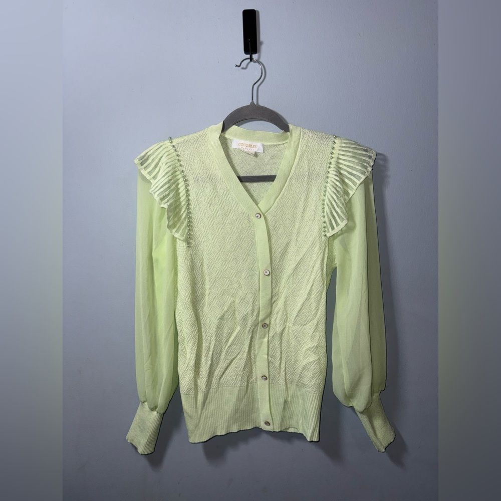 Cocobleu Mint Green Ruffle Sheer Wings Cardigan Sweater Pearls feminine Small